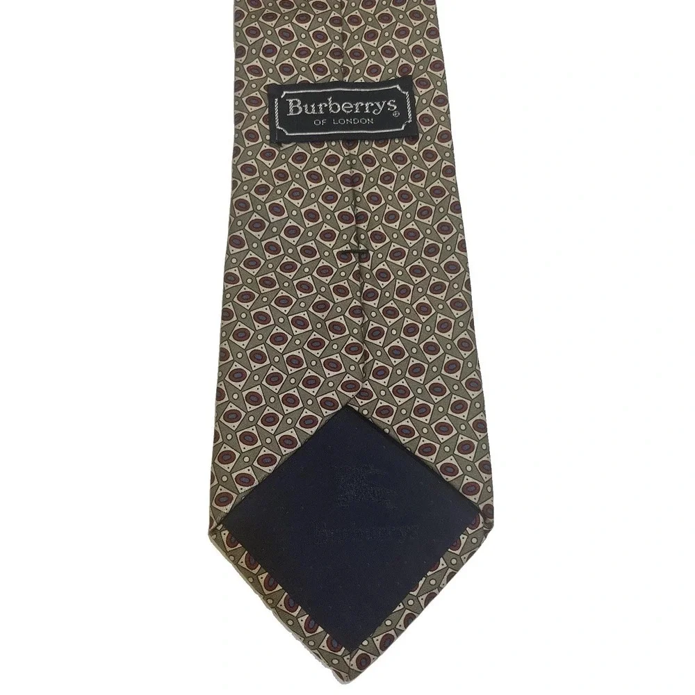 VTG Burberrys London 100% Silk Tie Hand Sewn Classic Width Geometric Olive USA